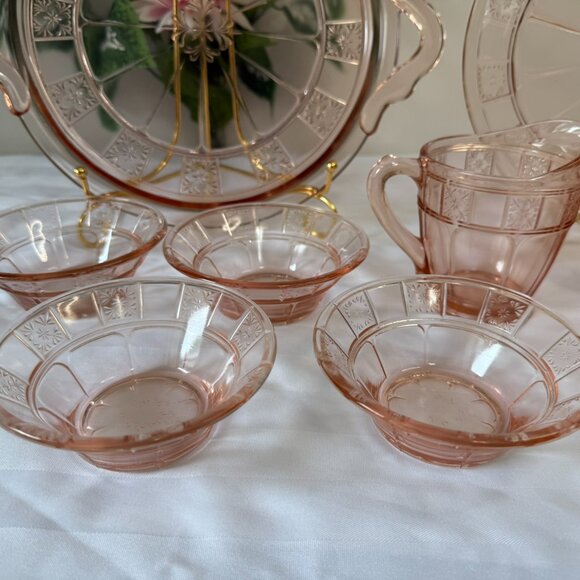 Jeannette Doric Pink Depression Glass Set Vintage Cream Sugar Bowls Platter Set - Picture 2 of 8